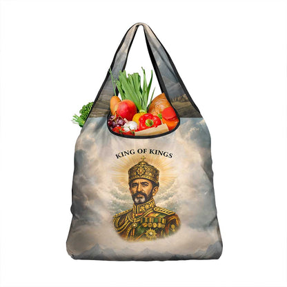 Haile Selassie I Ethiopia Grocery Bag with King of Kings and Conquering Lion Cloud Rays and Regal Portrait - African Pride