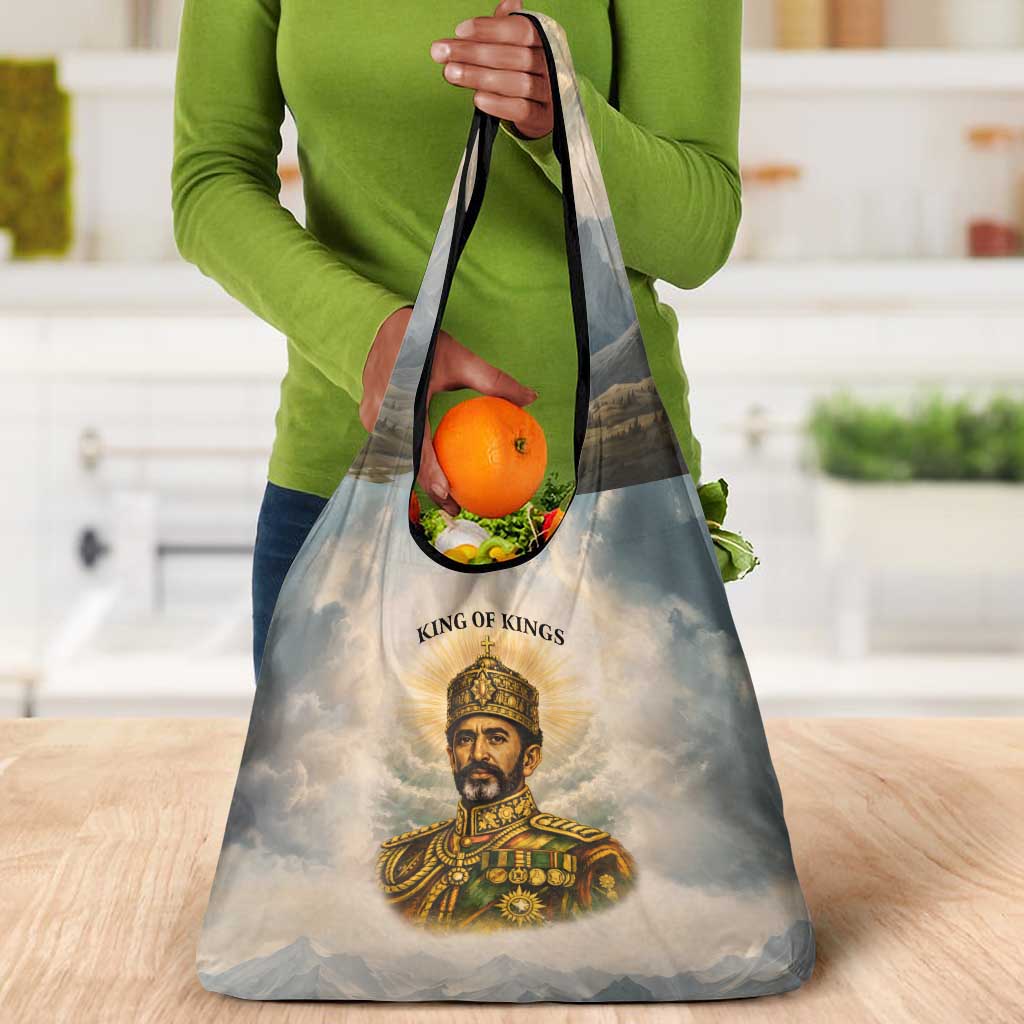 Haile Selassie I Ethiopia Grocery Bag with King of Kings and Conquering Lion Cloud Rays and Regal Portrait - African Pride