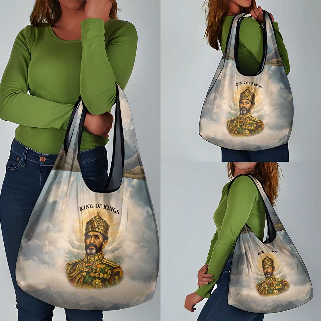 Haile Selassie I Ethiopia Grocery Bag with King of Kings and Conquering Lion Cloud Rays and Regal Portrait - African Pride