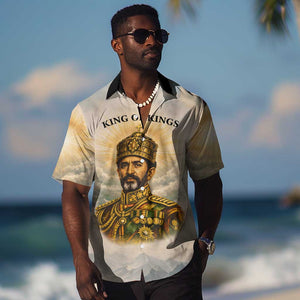 Haile Selassie I Ethiopia Hawaiian Shirt with King of Kings and Conquering Lion Cloud Rays and Regal Portrait