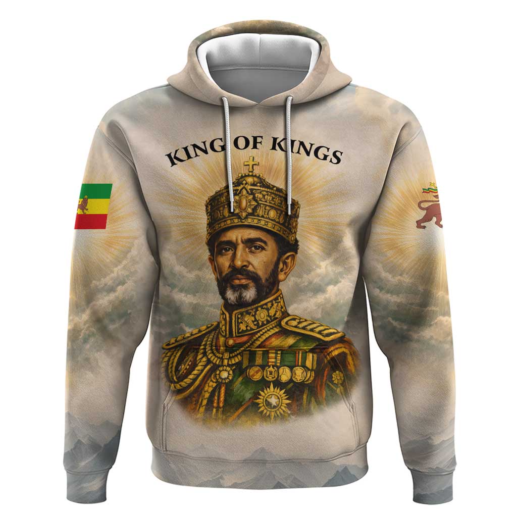 Haile Selassie I Ethiopia Hoodie with King of Kings and Conquering Lion Cloud Rays and Regal Portrait