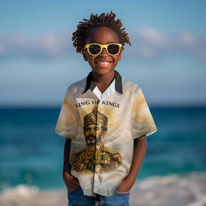 Haile Selassie I Ethiopia Kid Hawaiian Shirt with King of Kings and Conquering Lion Cloud Rays and Regal Portrait
