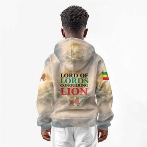 Haile Selassie I Ethiopia Kid Hoodie with King of Kings and Conquering Lion Cloud Rays and Regal Portrait
