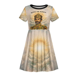 Haile Selassie I Ethiopia Kid Short Sleeve Dress with King of Kings and Conquering Lion Cloud Rays and Regal Portrait