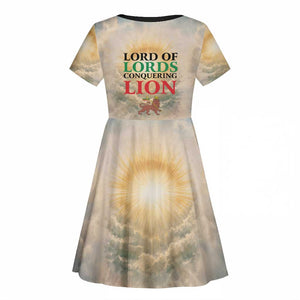 Haile Selassie I Ethiopia Kid Short Sleeve Dress with King of Kings and Conquering Lion Cloud Rays and Regal Portrait