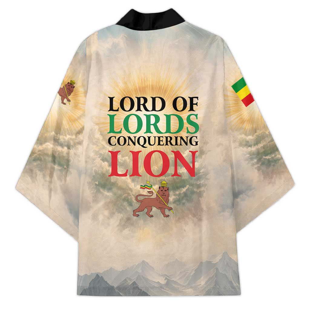 Haile Selassie I Ethiopia Kimono with King of Kings and Conquering Lion Cloud Rays and Regal Portrait