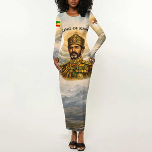 Haile Selassie I Ethiopia Long Sleeve Bodycon Dress with King of Kings and Conquering Lion Cloud Rays and Regal Portrait