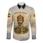 Haile Selassie I Ethiopia Long Sleeve Button Shirt with King of Kings and Conquering Lion Cloud Rays and Regal Portrait
