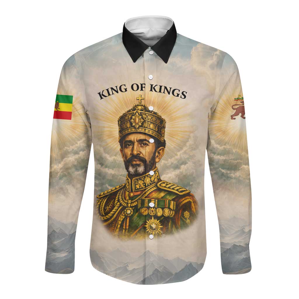 Haile Selassie I Ethiopia Long Sleeve Button Shirt with King of Kings and Conquering Lion Cloud Rays and Regal Portrait