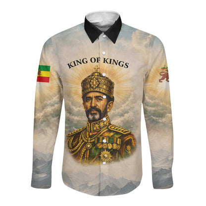 Haile Selassie I Ethiopia Long Sleeve Button Shirt with King of Kings and Conquering Lion Cloud Rays and Regal Portrait