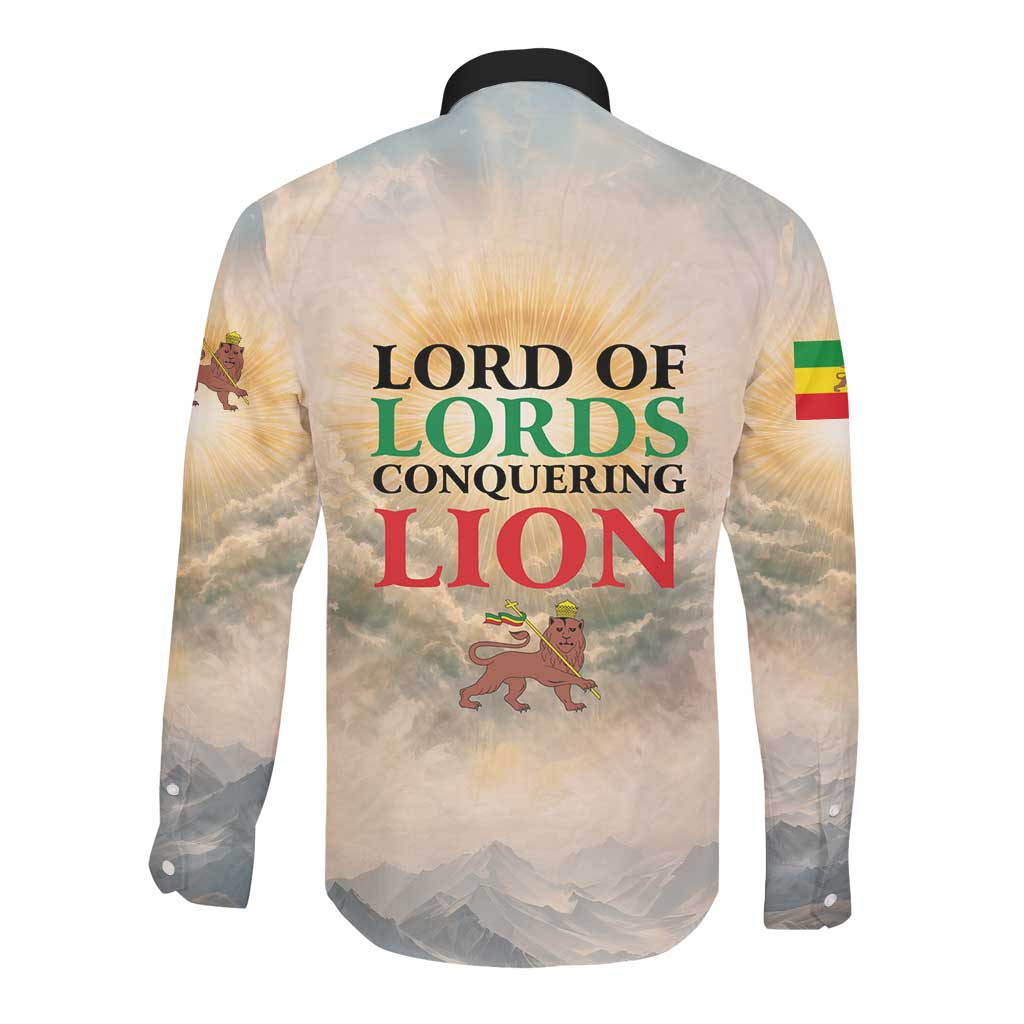 Haile Selassie I Ethiopia Long Sleeve Button Shirt with King of Kings and Conquering Lion Cloud Rays and Regal Portrait