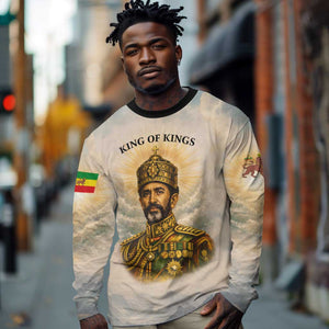 Haile Selassie I Ethiopia Long Sleeve Shirt with King of Kings and Conquering Lion Cloud Rays and Regal Portrait