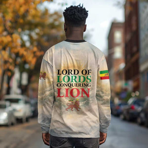 Haile Selassie I Ethiopia Long Sleeve Shirt with King of Kings and Conquering Lion Cloud Rays and Regal Portrait