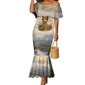 Haile Selassie I Ethiopia Mermaid Dress with King of Kings and Conquering Lion Cloud Rays and Regal Portrait