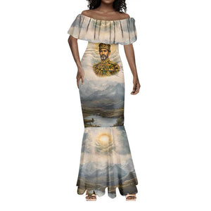 Haile Selassie I Ethiopia Mermaid Dress with King of Kings and Conquering Lion Cloud Rays and Regal Portrait