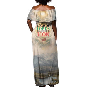 Haile Selassie I Ethiopia Off Shoulder Maxi Dress with King of Kings and Conquering Lion Cloud Rays and Regal Portrait