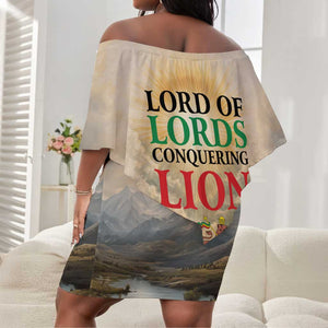 Haile Selassie I Ethiopia Off Shoulder Short Dress with King of Kings and Conquering Lion Cloud Rays and Regal Portrait