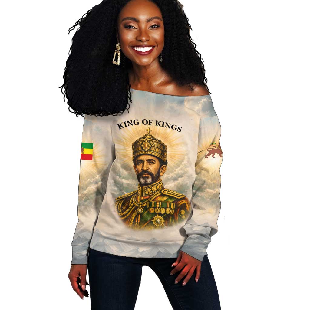 Haile Selassie I Ethiopia Off Shoulder Sweater with King of Kings and Conquering Lion Cloud Rays and Regal Portrait