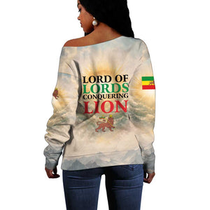 Haile Selassie I Ethiopia Off Shoulder Sweater with King of Kings and Conquering Lion Cloud Rays and Regal Portrait