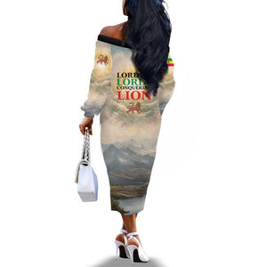 Haile Selassie I Ethiopia Off The Shoulder Long Sleeve Dress with King of Kings and Conquering Lion Cloud Rays and Regal Portrait