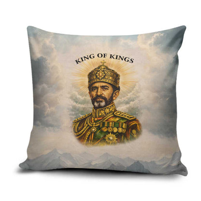 Haile Selassie I Ethiopia Pillow Cover with King of Kings and Conquering Lion Cloud Rays and Regal Portrait - African Pride
