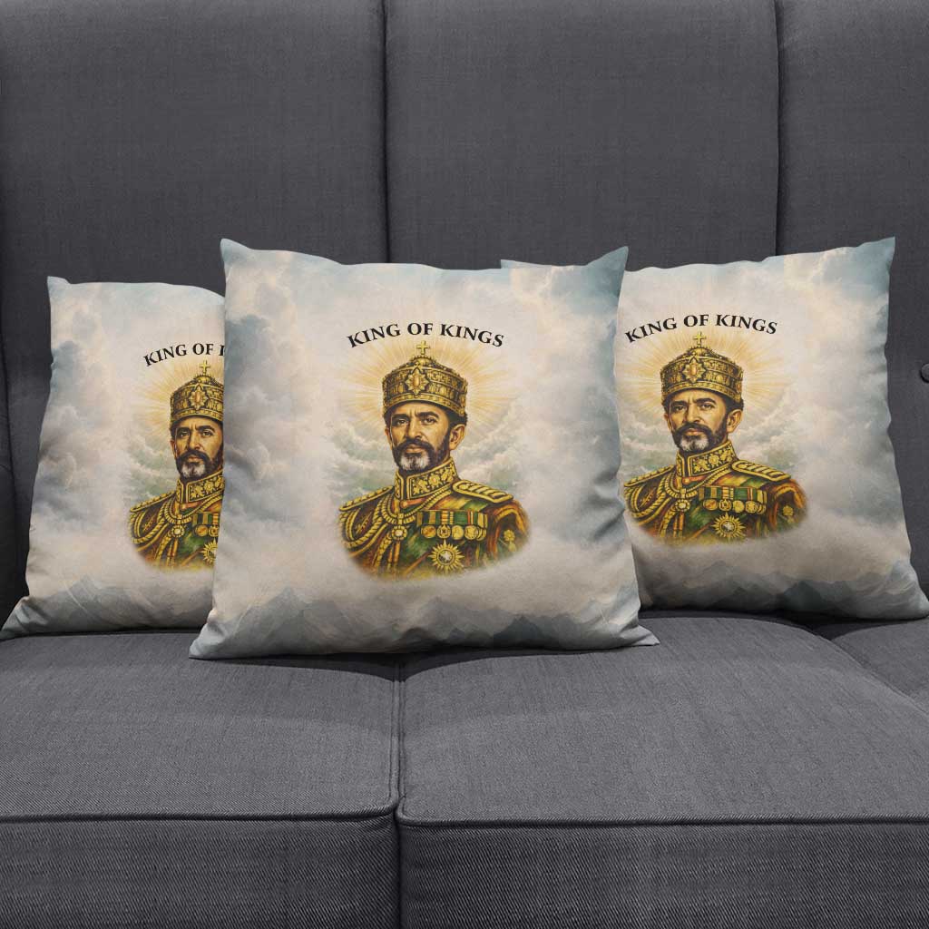 Haile Selassie I Ethiopia Pillow Cover with King of Kings and Conquering Lion Cloud Rays and Regal Portrait - African Pride