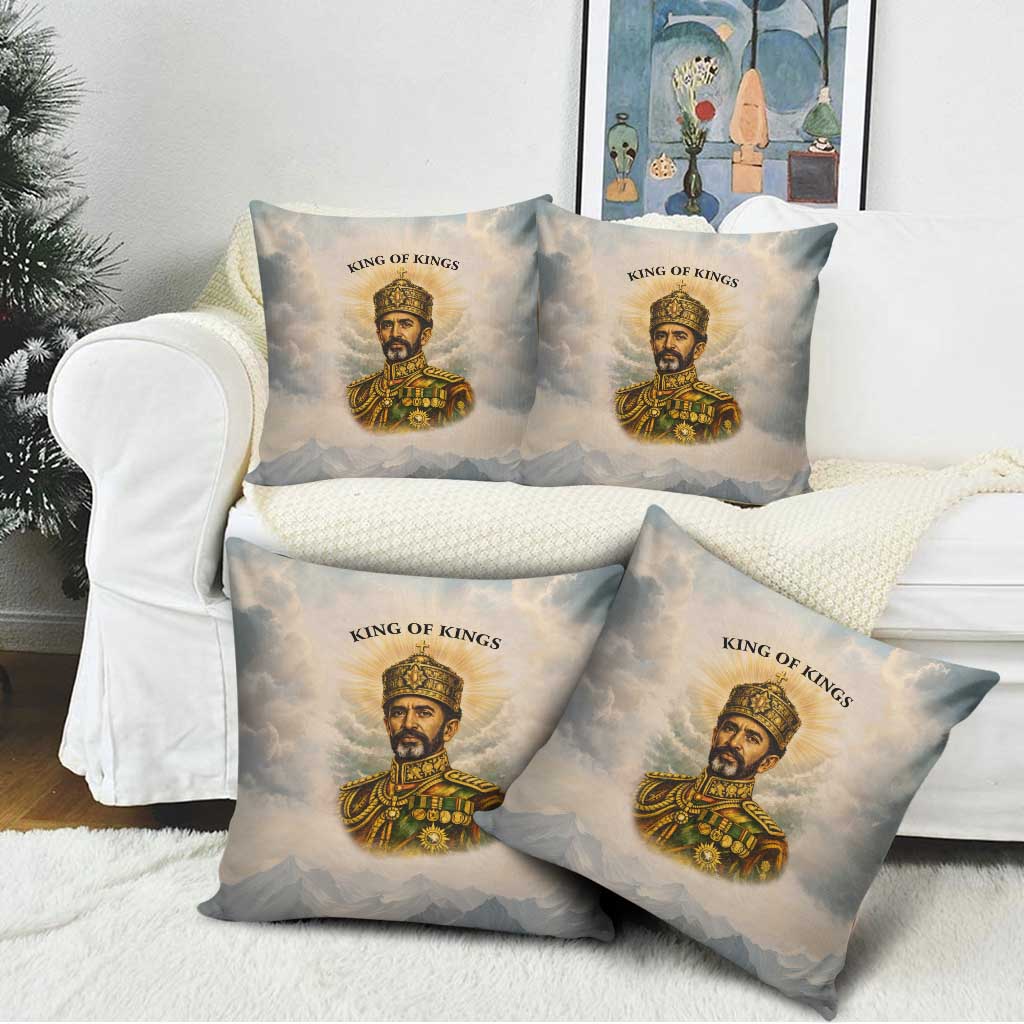 Haile Selassie I Ethiopia Pillow Cover with King of Kings and Conquering Lion Cloud Rays and Regal Portrait - African Pride