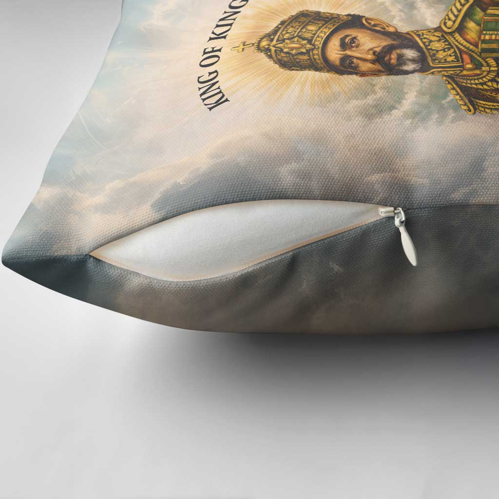 Haile Selassie I Ethiopia Pillow Cover with King of Kings and Conquering Lion Cloud Rays and Regal Portrait - African Pride