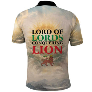 Haile Selassie I Ethiopia Polo Shirt with King of Kings and Conquering Lion Cloud Rays and Regal Portrait