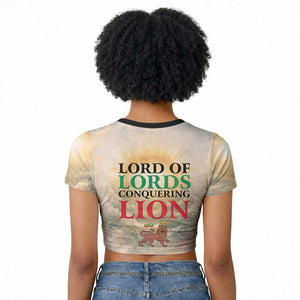 Haile Selassie I Ethiopia Raglan Cropped T shirt with King of Kings and Conquering Lion Cloud Rays and Regal Portrait