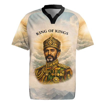 Haile Selassie I Ethiopia Rugby Jersey with King of Kings and Conquering Lion Cloud Rays and Regal Portrait