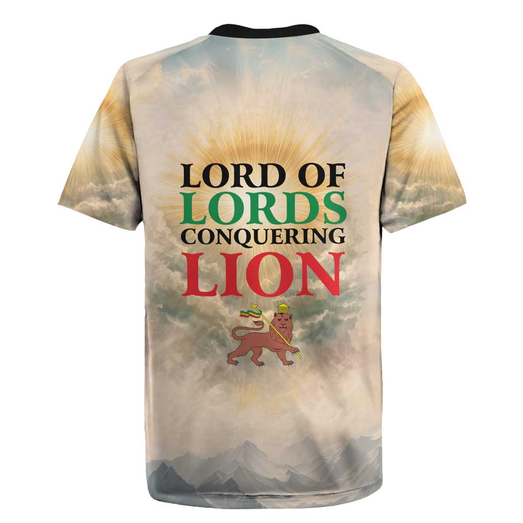 Haile Selassie I Ethiopia Rugby Jersey with King of Kings and Conquering Lion Cloud Rays and Regal Portrait