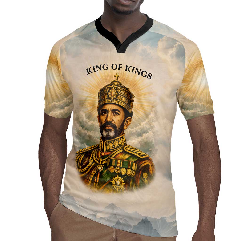 Haile Selassie I Ethiopia Rugby Jersey with King of Kings and Conquering Lion Cloud Rays and Regal Portrait