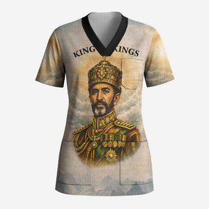 Haile Selassie I Ethiopia Scrub Top with King of Kings and Conquering Lion Cloud Rays and Regal Portrait