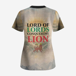 Haile Selassie I Ethiopia Scrub Top with King of Kings and Conquering Lion Cloud Rays and Regal Portrait