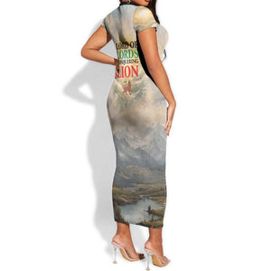 Haile Selassie I Ethiopia Short Sleeve Bodycon Dress with King of Kings and Conquering Lion Cloud Rays and Regal Portrait