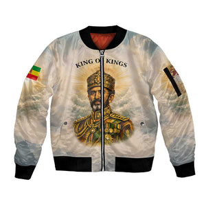 Haile Selassie I Ethiopia Sleeve Zip Bomber Jacket with King of Kings and Conquering Lion Cloud Rays and Regal Portrait