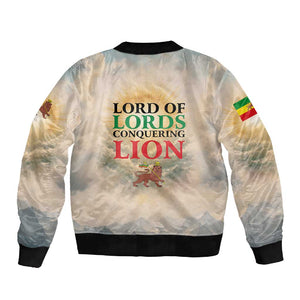 Haile Selassie I Ethiopia Sleeve Zip Bomber Jacket with King of Kings and Conquering Lion Cloud Rays and Regal Portrait