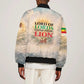 Haile Selassie I Ethiopia Sleeve Zip Bomber Jacket with King of Kings and Conquering Lion Cloud Rays and Regal Portrait