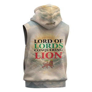 Haile Selassie I Ethiopia Sleeveless Hoodie with King of Kings and Conquering Lion Cloud Rays and Regal Portrait