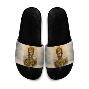 Haile Selassie I Ethiopia Slide Sandals with King of Kings and Conquering Lion Cloud Rays and Regal Portrait - African Pride