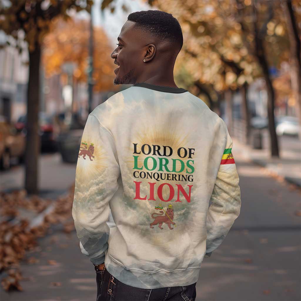 Haile Selassie I Ethiopia Sweatshirt with King of Kings and Conquering Lion Cloud Rays and Regal Portrait