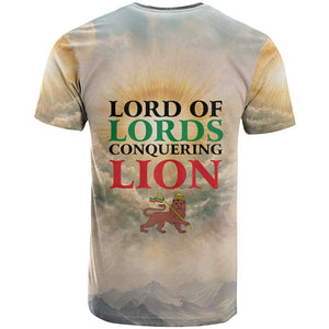 Haile Selassie I Ethiopia T-Shirt - King of Kings Conquering Lion Cloud Rays and Regal Portrait TS04
