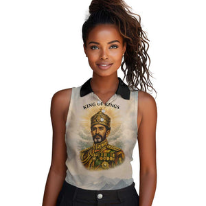 Haile Selassie I Ethiopia Women Sleeveless Polo Shirt with King of Kings and Conquering Lion Cloud Rays and Regal Portrait