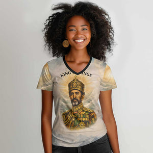Haile Selassie I Ethiopia Women V-Neck T-Shirt with King of Kings and Conquering Lion Cloud Rays and Regal Portrait