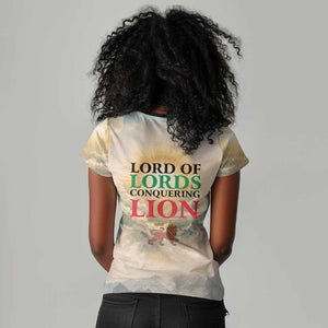 Haile Selassie I Ethiopia Women V-Neck T-Shirt with King of Kings and Conquering Lion Cloud Rays and Regal Portrait