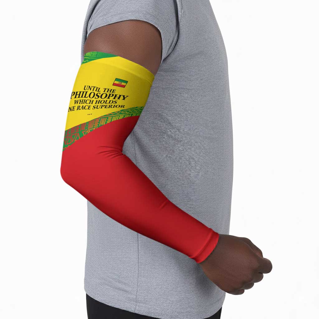 Ethiopia Haile Selassie I Arm Sleeves with Addis Ababa 1963 Speech Quote Pan-African Flag Colors and Kente Pattern