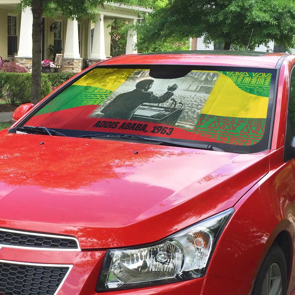 Ethiopia Haile Selassie I Auto Sun Shade with Addis Ababa 1963 Speech Quote Pan-African Flag Colors and Kente Pattern - African Pride