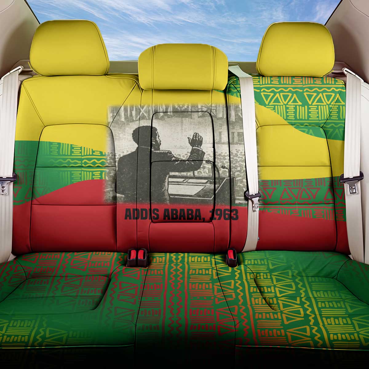 Ethiopia Haile Selassie I Back Car Seat Cover with Addis Ababa 1963 Speech Quote Pan-African Flag Colors and Kente Pattern - African Pride