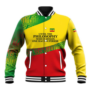 Ethiopia Haile Selassie I Baseball Jacket with Addis Ababa 1963 Speech Quote Pan-African Flag Colors and Kente Pattern
